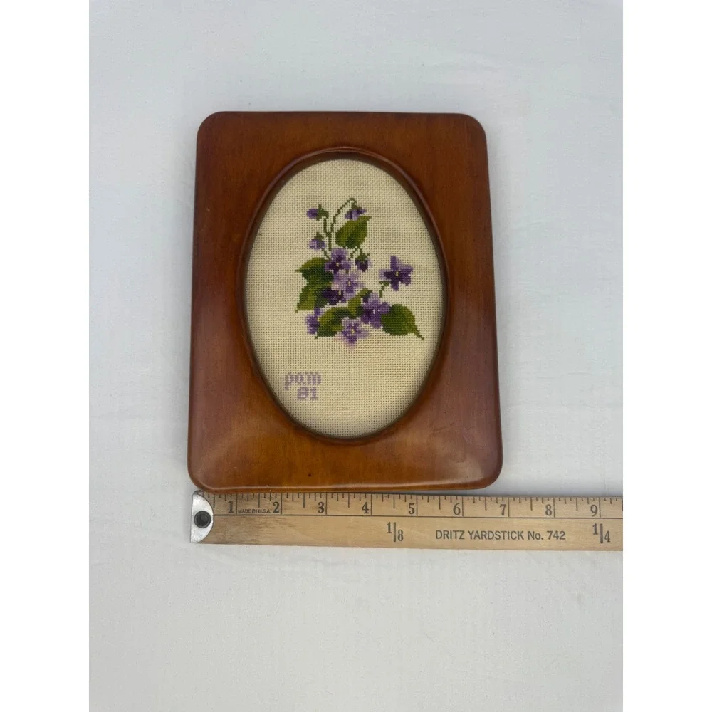 Vintage 80's Hand Stitched Violet Cross Stitch Floral Oval Wood Frame 7x9